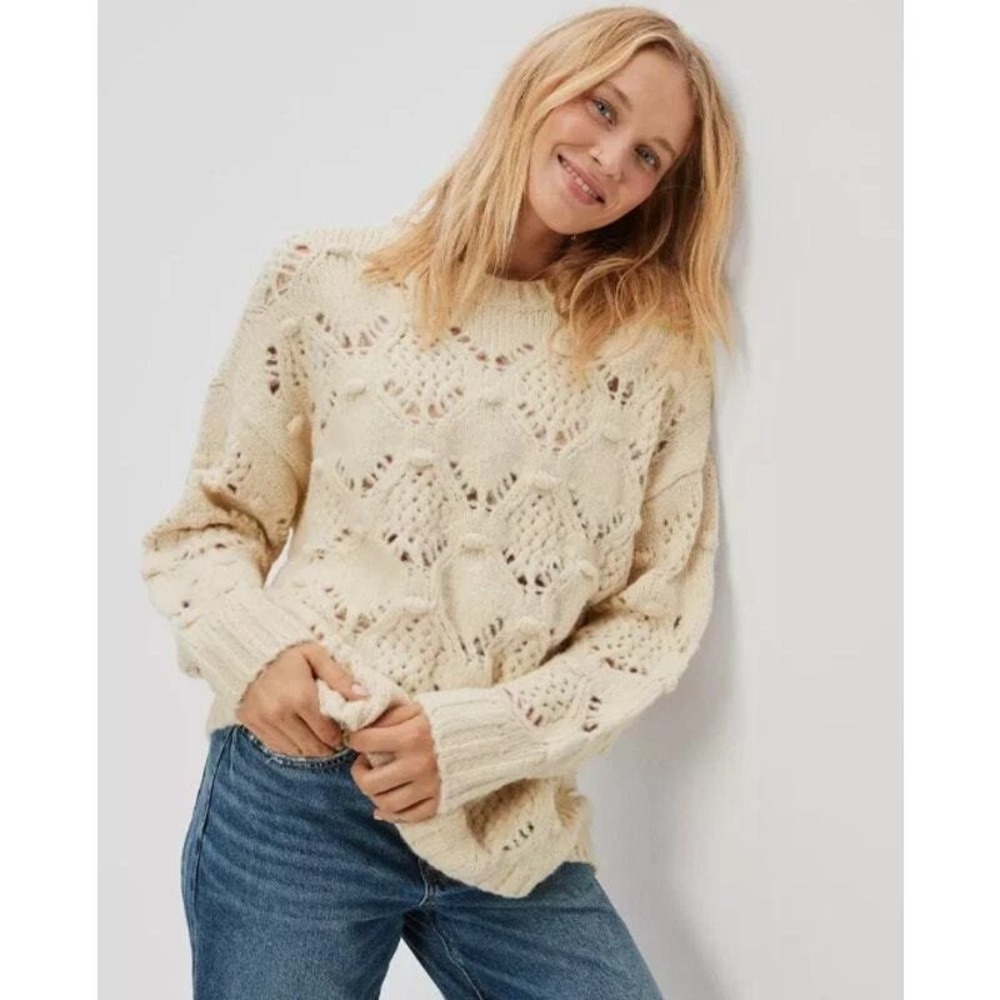 American Eagle Sweater XS Oversized Chunky Knit Open Weave Boho Cream Cozy Y2K